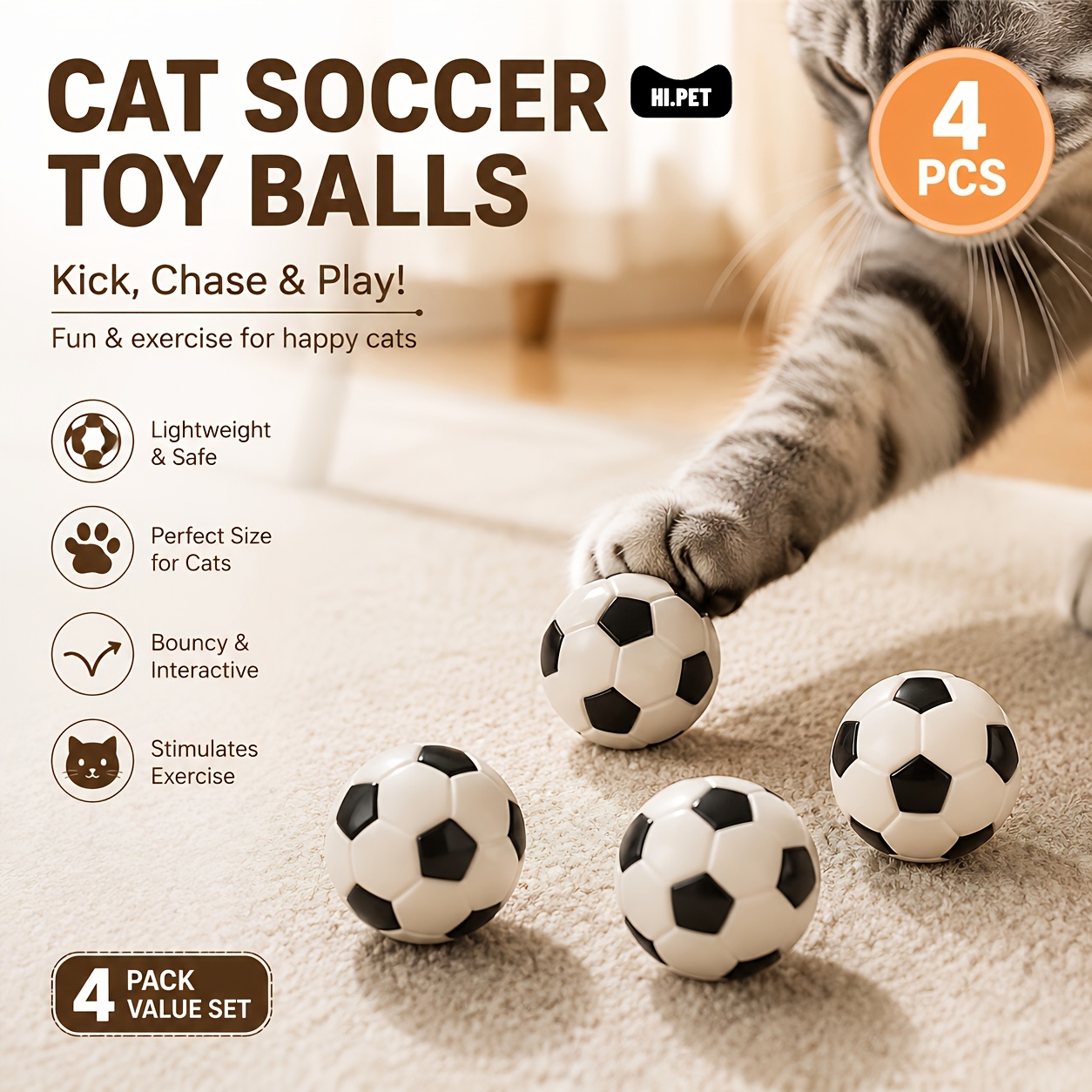 Interactive Cat Toy - 4pcs Cat Soccer Toy: Interactive Bouncy