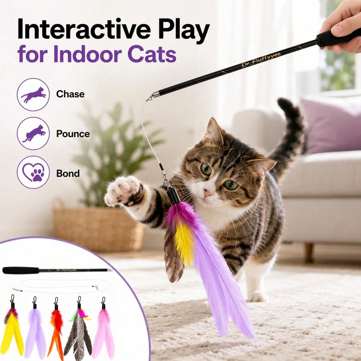 Cat Wand Toy With 5 Feather At - Interactive Cat Toy review and price